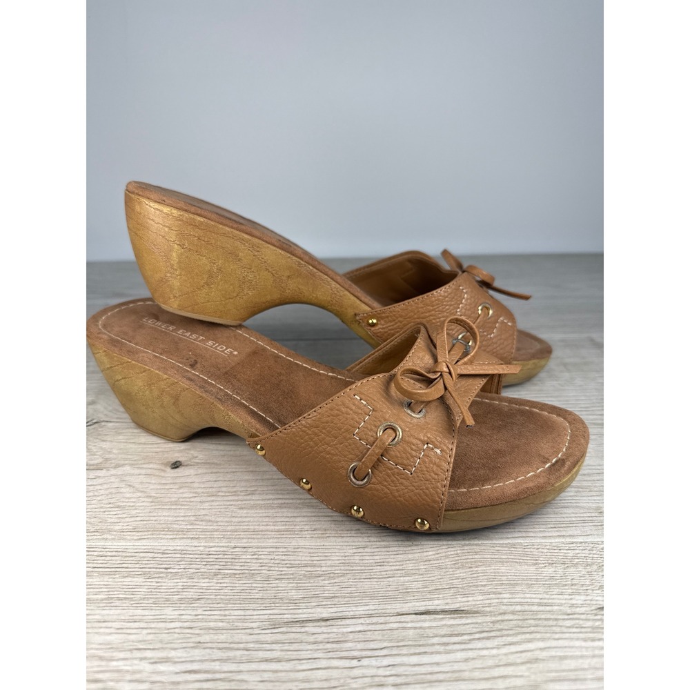 Vintage Lower East Side Womens 9.5 Tan Faux Leather Bow Platform Clog Sandals
